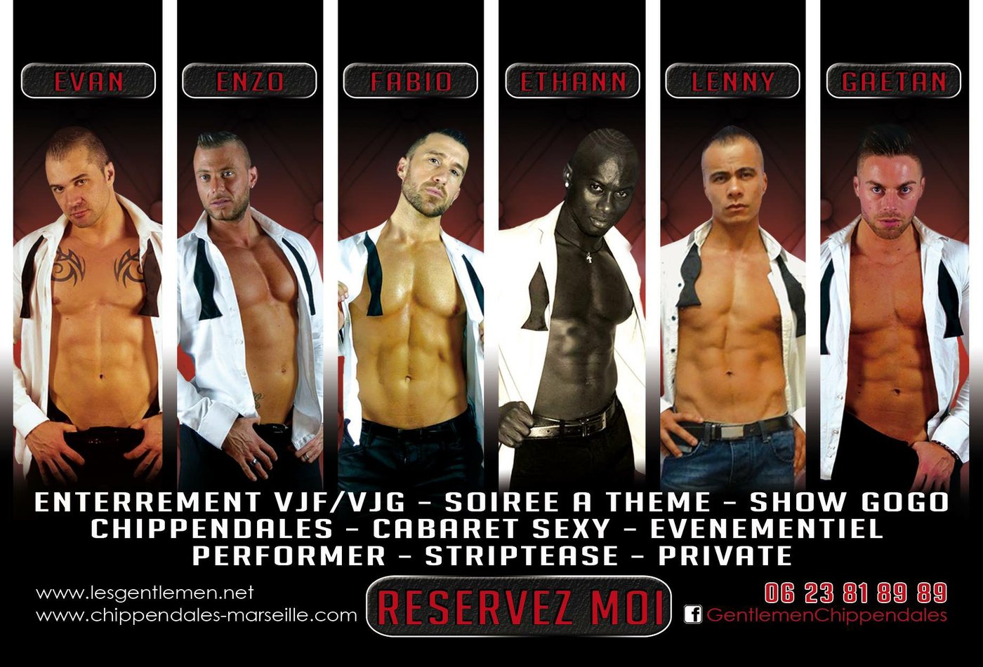 Stripteaseurs Les Gentlemen pour EVJF et EVG a Marseille, six danseurs professionnels sur fond rouge
