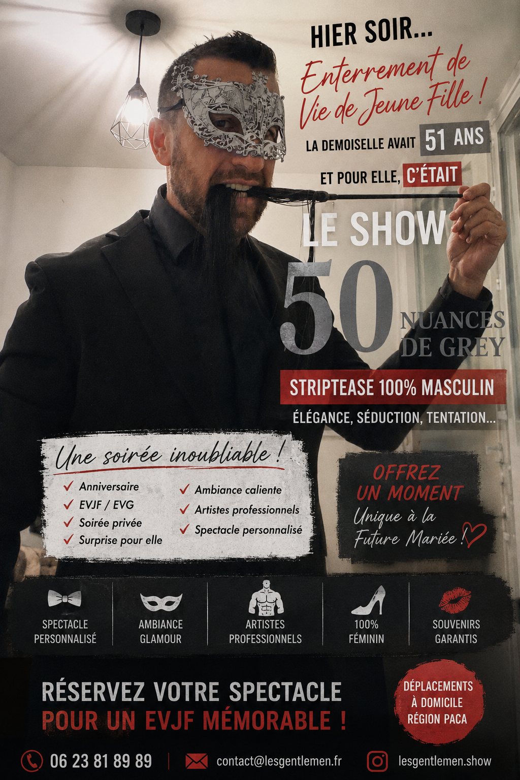 Chippendale en costume et masque vénitien pour une soirée Fifty Shades en région PACA