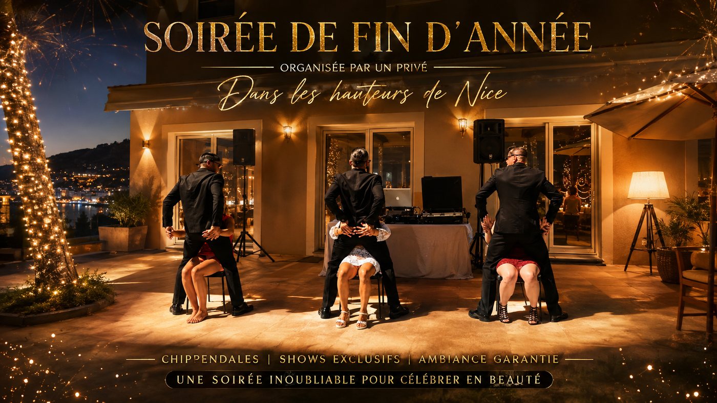 Trois stripteaseurs en costume des GENTLEMEN STRIPTEASE animant une fête de fin d'année privée sur la Côte d'Azur